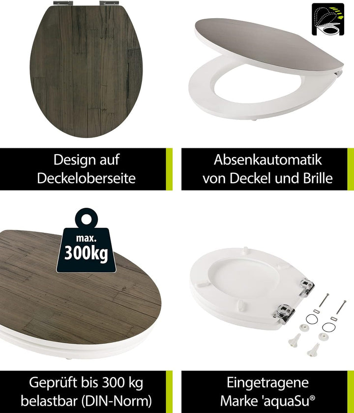 aquaSu® WC-Sitz mit Absenkautomatik, Holz Dekor Holz-Optik Anthrazit, Toilettensitz mit Holzkern, un