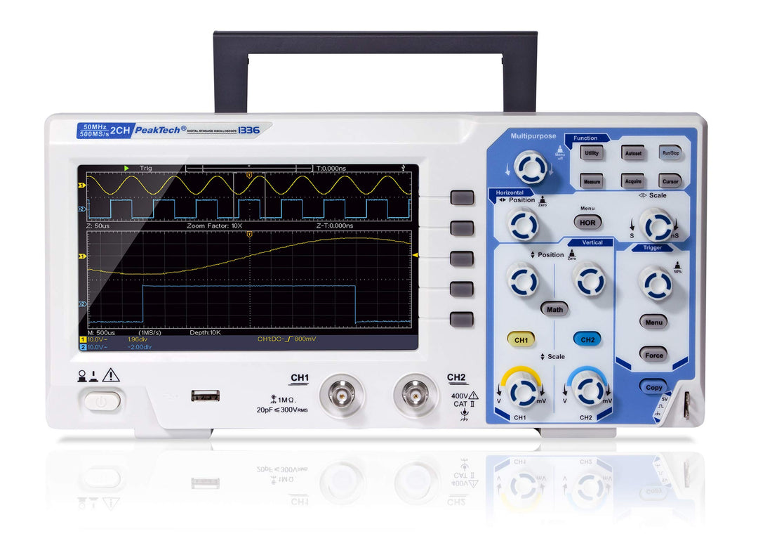 PeakTech P 1336 50 MHz 2-Kanal Digital-Speicher-Oszilloskop mit USB-Schnittstelle, 15 W, 240 V, 50 M