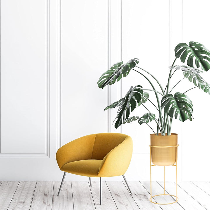 Olly & Rose Goldfarbener Metall-Blumentopf mit goldfarbenem Pflanzenständer – hoch 50 cm grosser Pfl
