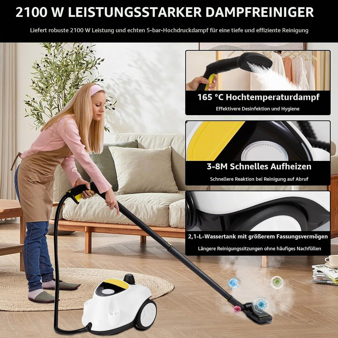 Upgrade 2100W Dampfreiniger mit 29 Zubehör, Mehrzweck Handdampfgerät mit 2,1L Tank, 5 Bar Dampfdruck