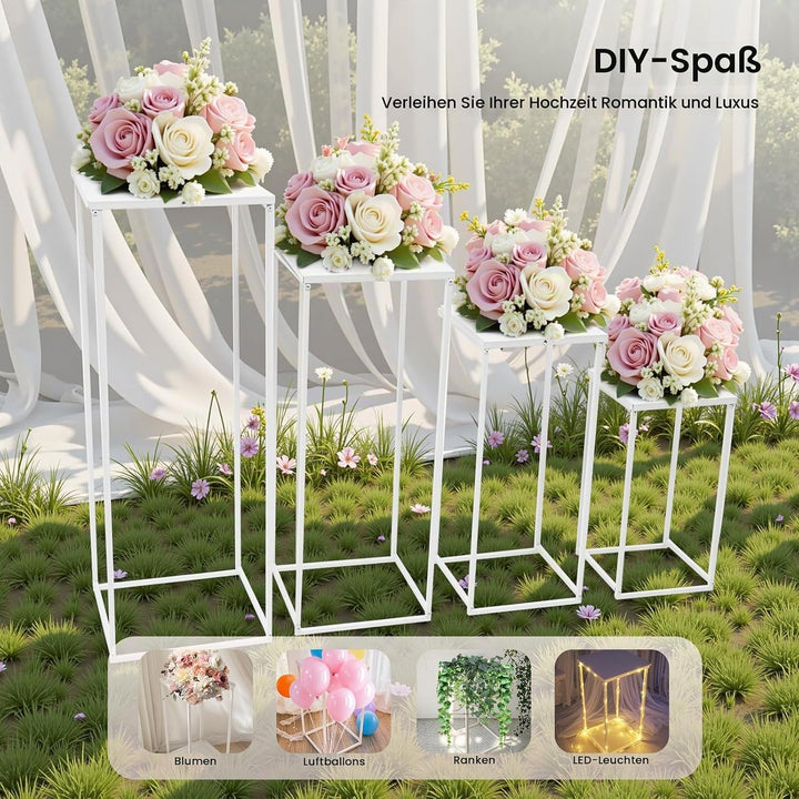 4 Stück Blumenständer, Metall Blumensäule Quadratisch Hochzeitsvase Weiss Pflanzenständer Bodenvasen