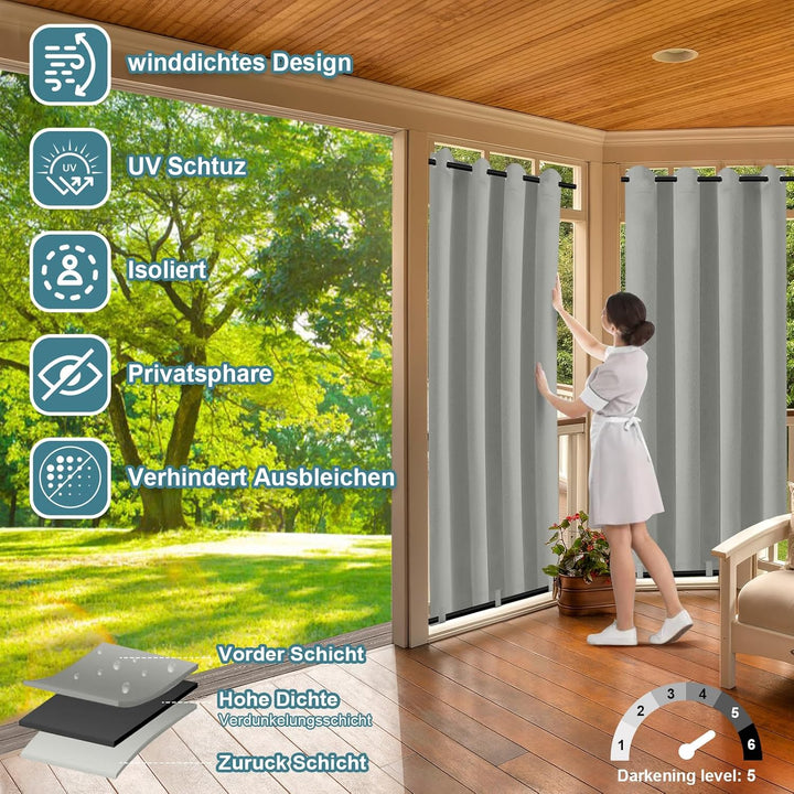 Rosnek 2 Stück Outdoor Vorhang Wetterfest Unten Gewichtet, Outdoorvorhänge mit Ösen 213x132cm Outdoo