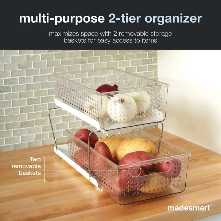 Madesmart 2-Tier Plastic Multipurpose Organizer with Divided Slide-Out Storage Bins, Under Sink and