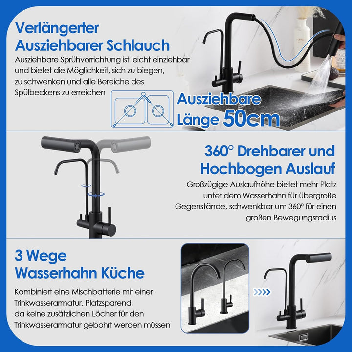 ROVOGO Edelstahl Wasserhahn Küche 3 Wege mit 4 Strahlarten Brause Ausziehbar, Hochdruck Küchenarmatu