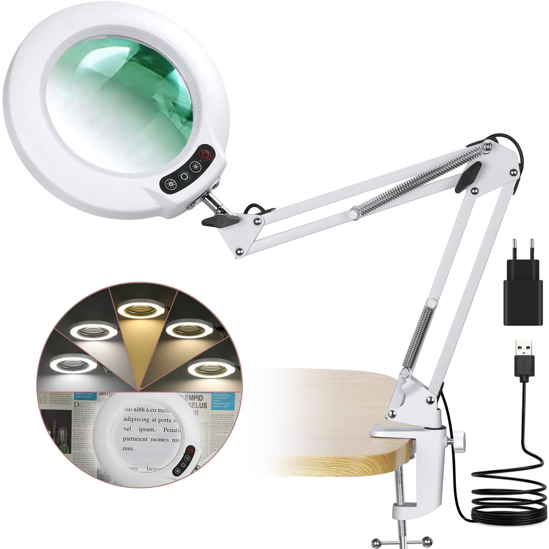 Veemagni 10X Lupe mit Licht, 5 Farbmodi Stufenlos Dimmbar, Verstellbarer Schwenkarm LED Beleuchtete