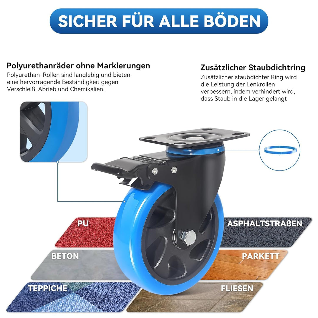 BAOLIHUI 100mm Blau Schwerlastrollen - 4er Set Lenkrollen mit Bremsen bis 600KG inkl. Montagezubehör