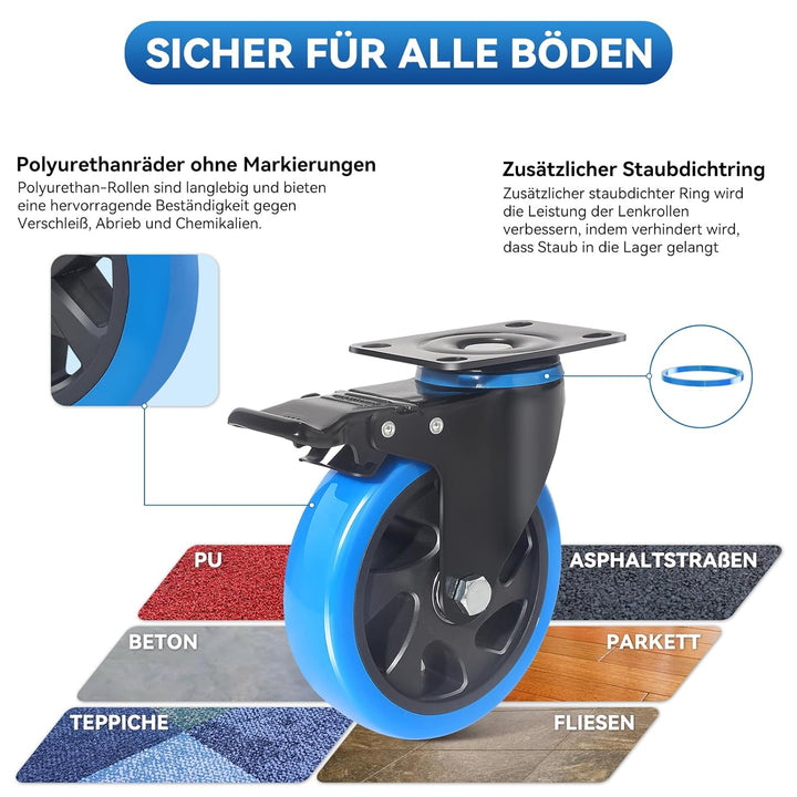 BAOLIHUI 100mm Blau Schwerlastrollen - 4er Set Lenkrollen mit Bremsen bis 600KG inkl. Montagezubehör