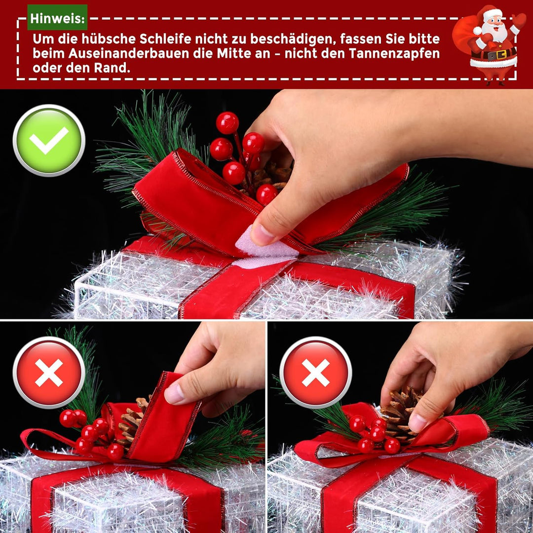 Elktry 3er LED Weihnachtsdeko innen, Geschenke Leucht Boxen mit Schleife aussen, Weihnachtenbox Bele