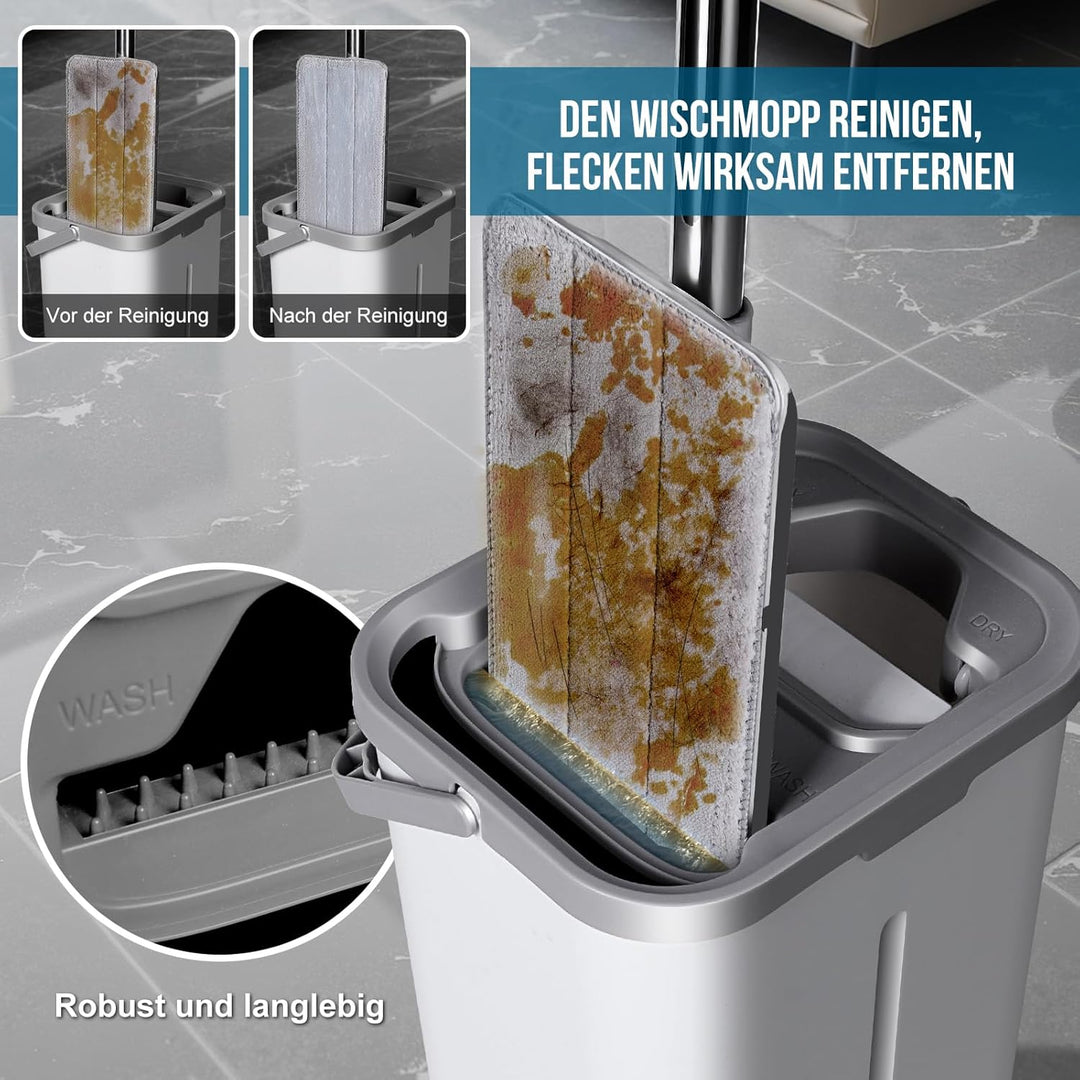 Masthome Flacher Wischmopp und Putzeimer Set,Flach Mopp Bodenwischer Putzset für Nass- Trockennutzun