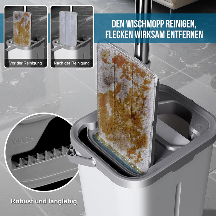 Masthome Flacher Wischmopp und Putzeimer Set,Flach Mopp Bodenwischer Putzset für Nass- Trockennutzun
