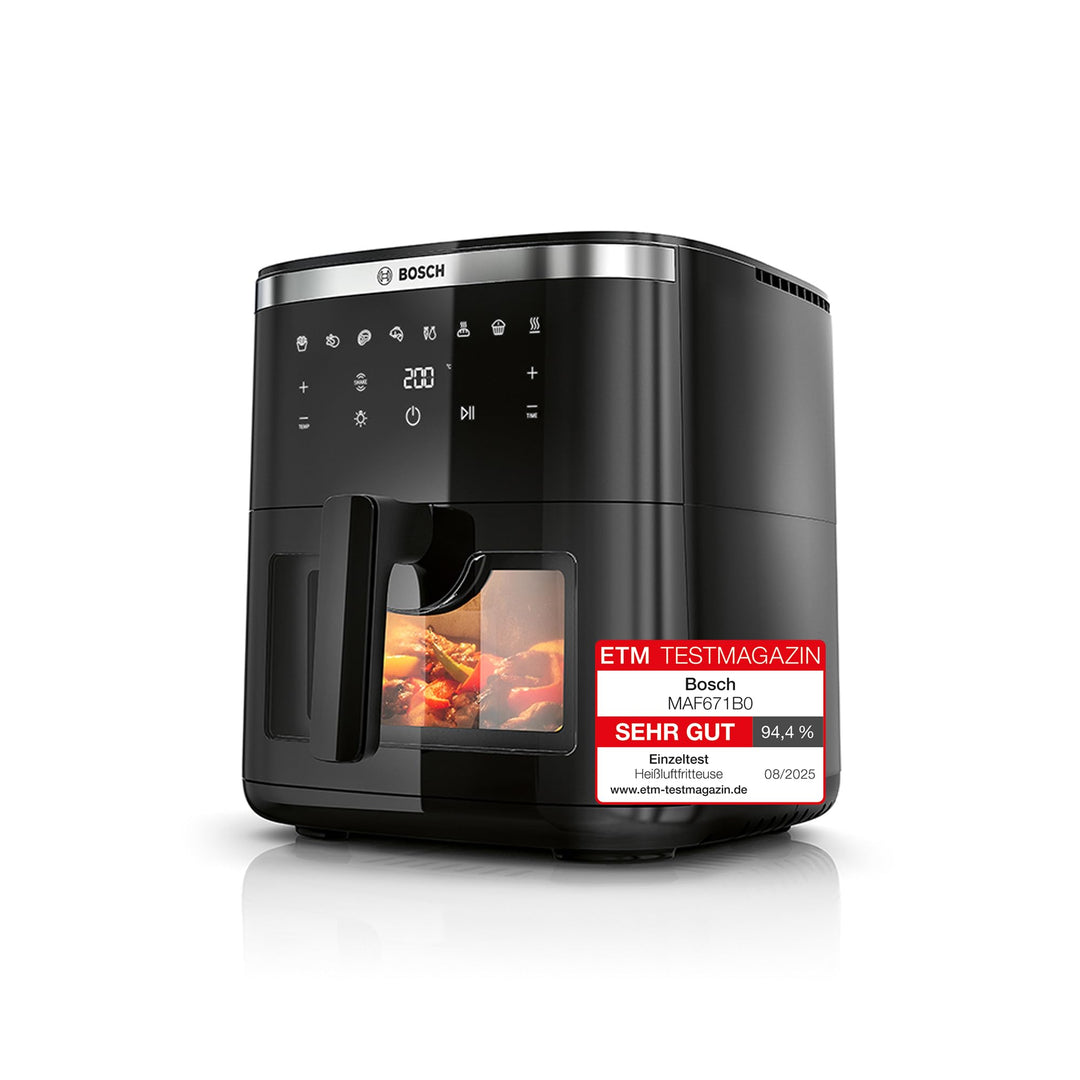 Bosch Heissluftfritteuse Serie 6, XXL 7,2 L Fassungsvermögen, 7 voreingestellte Programme, beleuchte