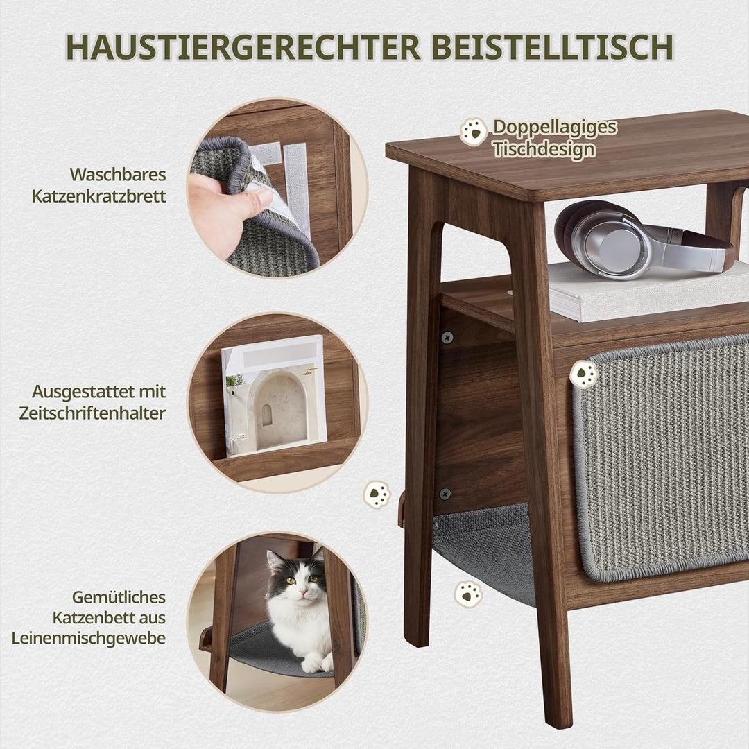 Yaheetech Beistelltisch mit Katzenbett Couchtisch mit Katzenhaus & Kratzbrett Mehrzweckmöbel für Woh