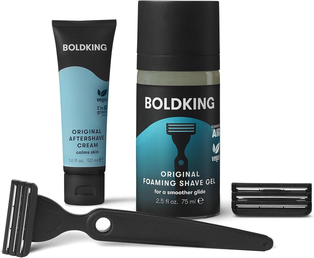 Boldking Bartpflege Set für Männer Regular - Rasierset mit Nassrasierer, 2 Stück Rasierklingen, Rasi