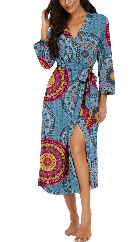 PrinStory Damen Bademantel Leichter 3/4 Ärmeln Morgenmantel V-Ausschnitt Kimono Roben Langes Nachtwä