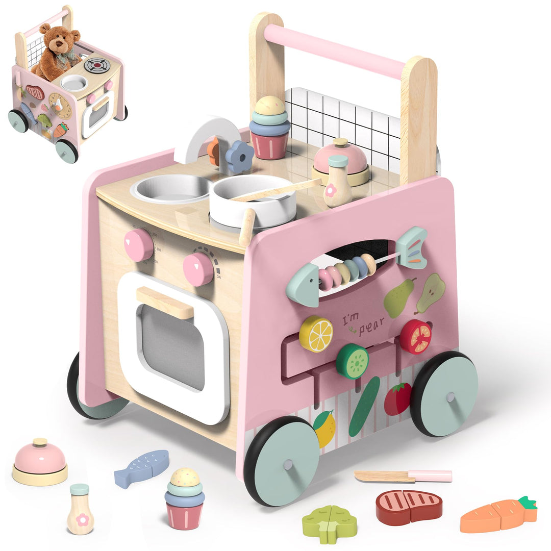 Lauflernwagen Holz, 9 in 1 Baby Lauflernhilfe mit Montessori Spielzeug und Spielküche, Holzspielzeug