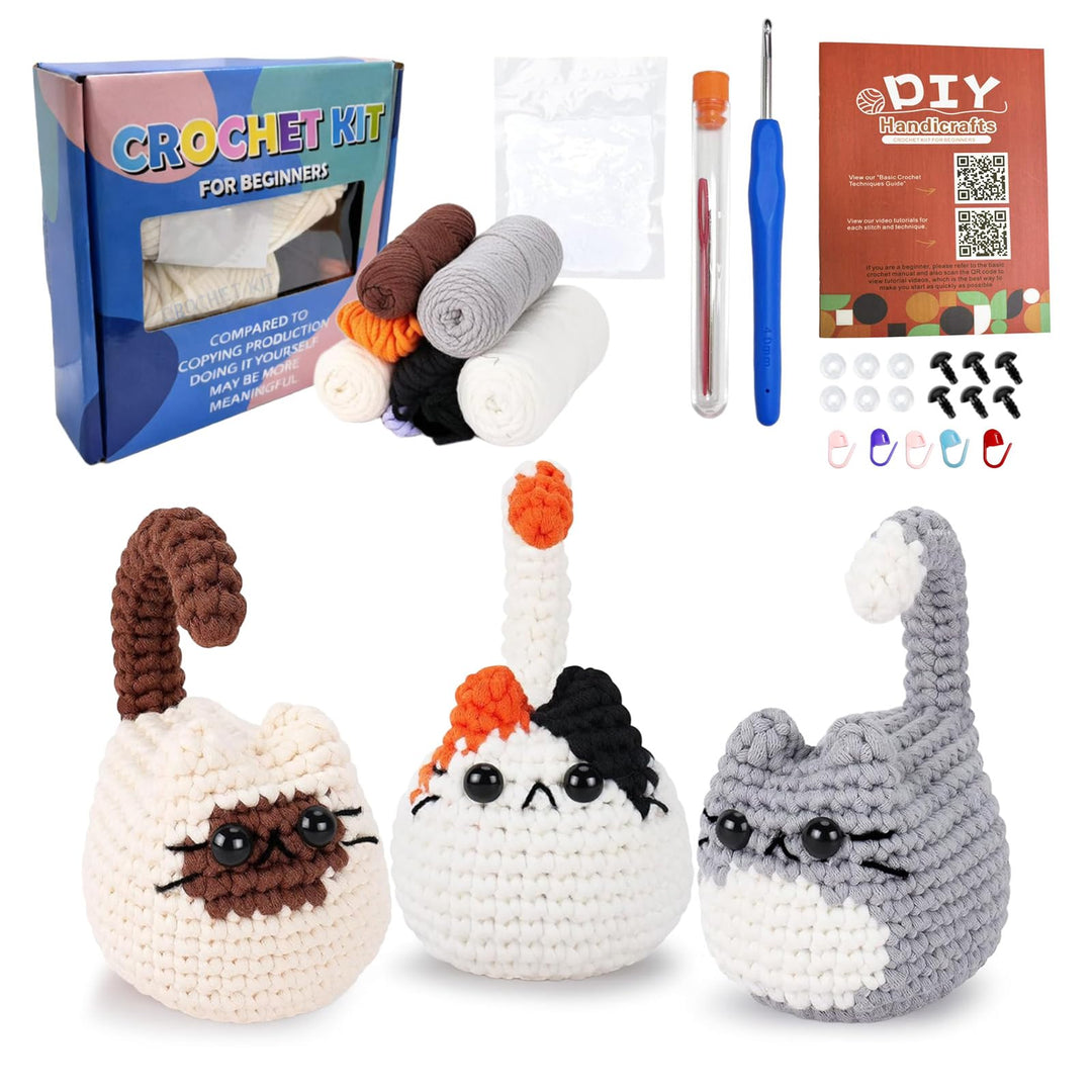 Yunlaishaocer Häkelset für Anfänger,3 Stück Süsse Gehäkelte Katzen Crochet Set,Starter-Set mit Video