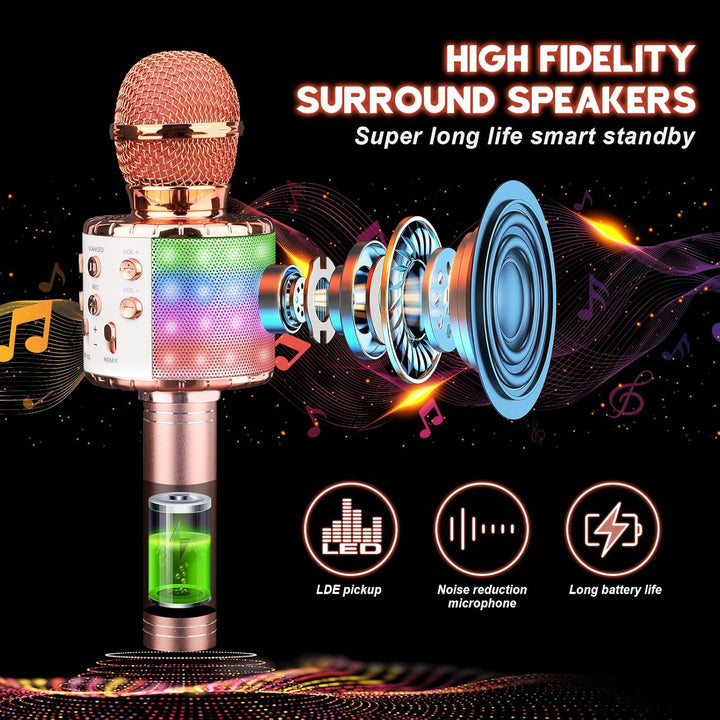 ShinePick Mikrofon Kinder Bluetooth, 4-in-1 Drahtloses Karaoke Mikrofon, Tragbare LED Microphone Spi
