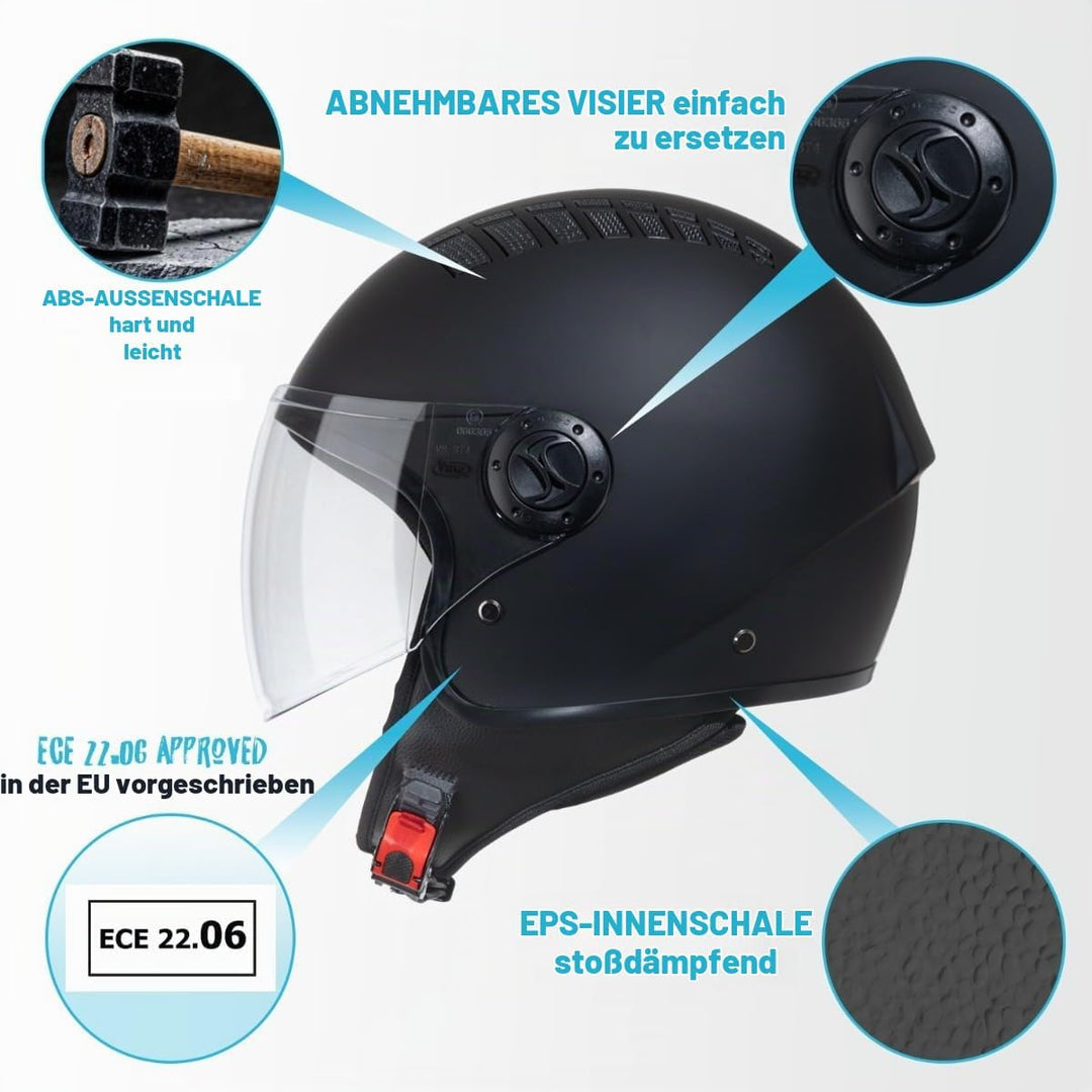 VINZ Como Jethelm mit Visier Herren und Damen | in Gr. XS-XL | Roller Helm Jet Helm Mopedhelm | ECE