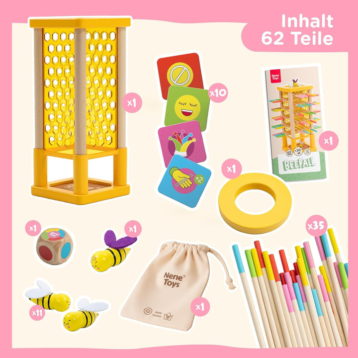 Nene Toys BEEFALL Bienen Geschicklichkeitsspiel für Kinder 3 4 5 6 Jahre – Holz-Turmspiel mit Würfel
