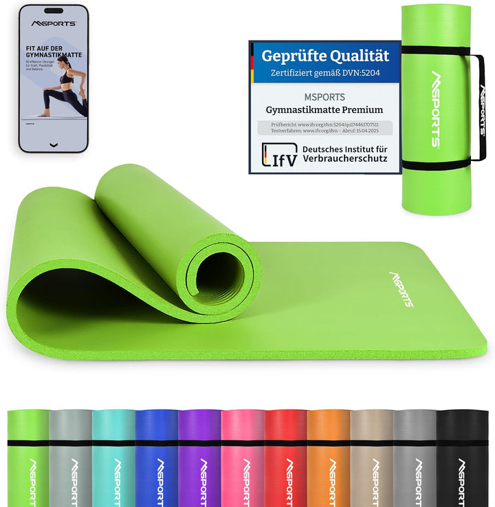 MSPORTS Gymnastikmatte Premium inkl. Tragegurt + Übungsposter + Workout App I Hautfreundliche Fitnes
