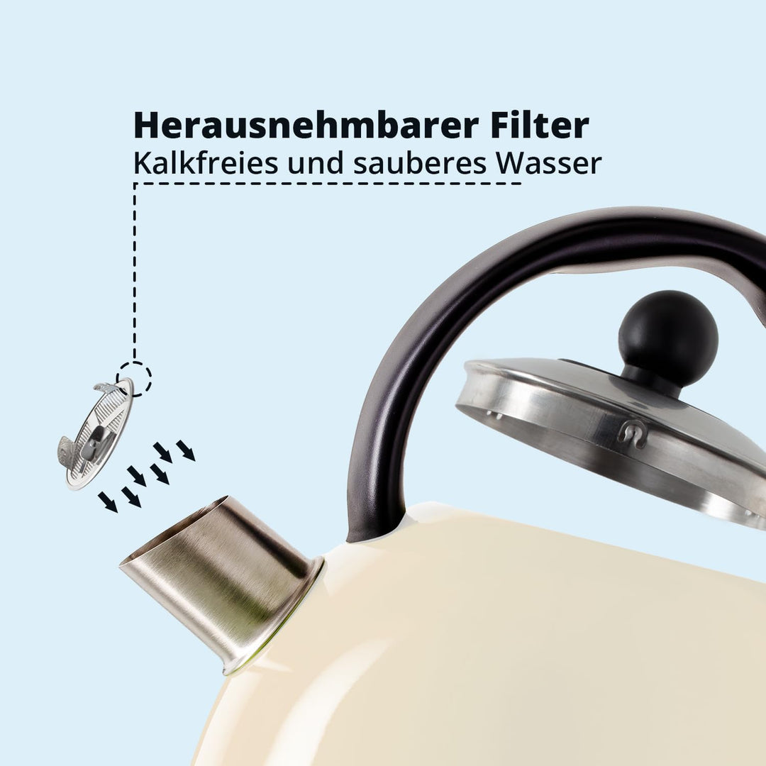 KHG WK-1711 (C) Wasserkocher Retro 1,7 Liter | Kessel-Wasserkocher in Creme | 360° Sockel | Kalkfilt