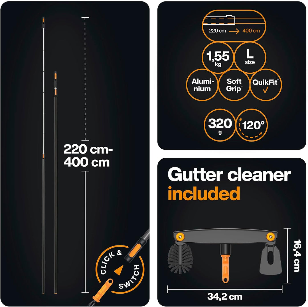 Fiskars OneClick Dachrinnenreiniger &amp; Teleskopstiel L | Komplett-Set für Dachrinnen, Einfach zusamme