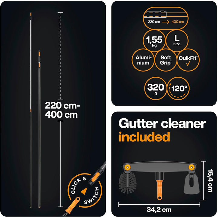Fiskars OneClick Dachrinnenreiniger &amp; Teleskopstiel L | Komplett-Set für Dachrinnen, Einfach zusamme