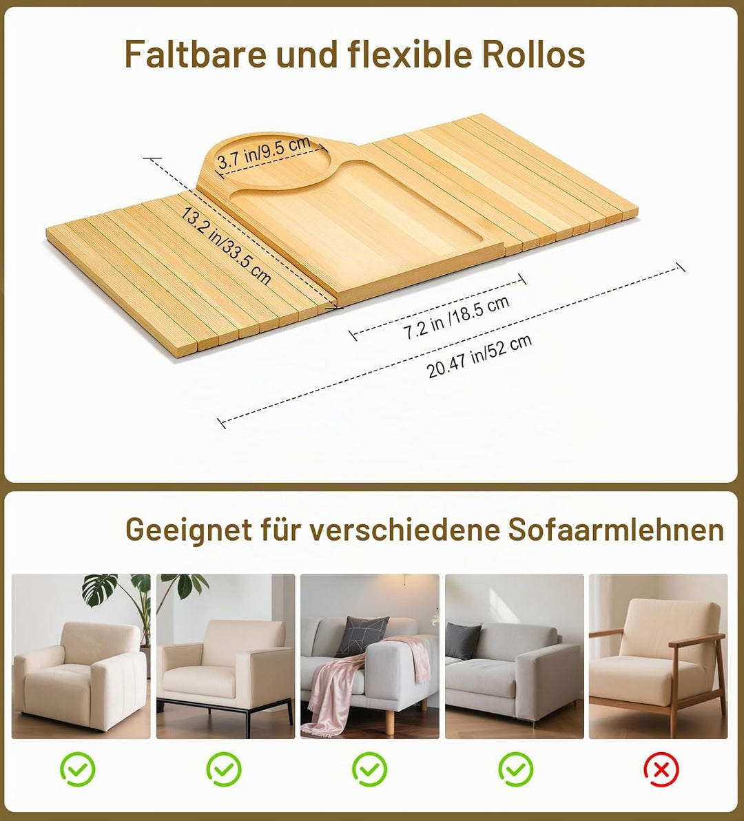 Kssiaz Couch Armlehne Tablett, Bambus Sofatablett Tisch für Couch, Armlehnenablage für Sofa mit Getr