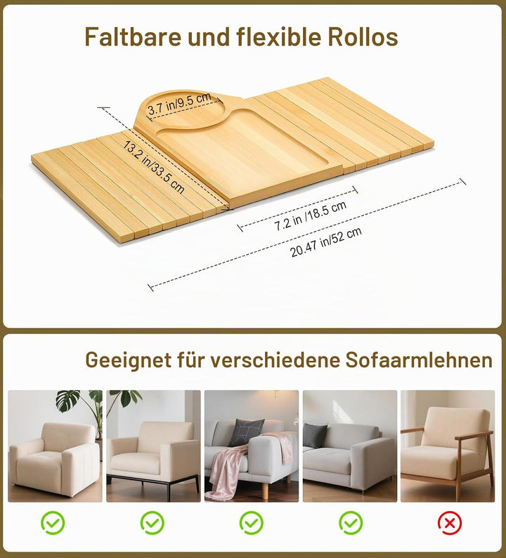 Kssiaz Couch Armlehne Tablett, Bambus Sofatablett Tisch für Couch, Armlehnenablage für Sofa mit Getr