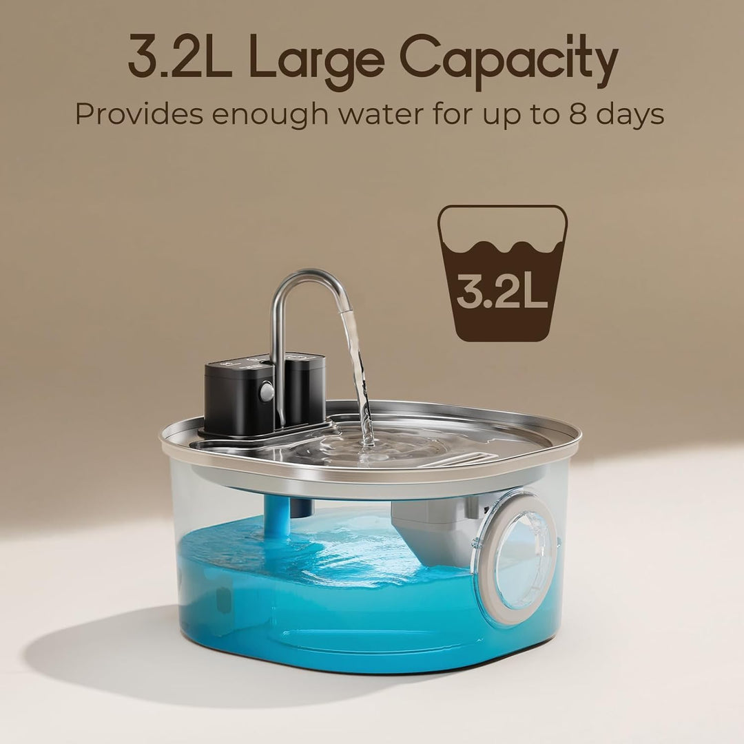 Edelstahl-Katzenbrunnen mit Wasserhahn-Design – 3,2L kabelloser Trinkbrunnen, 3 Betriebsmodi & 4-Stu