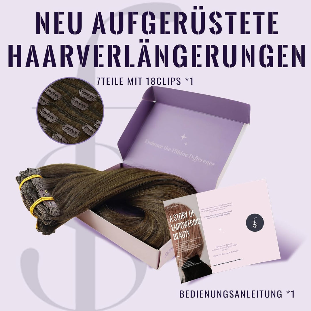 Fshine Clip in Extensions Echthaar 35cm 7 Pcs 120 Gramm Braun Doppelt Tressen Echthaar Haarteil 100%