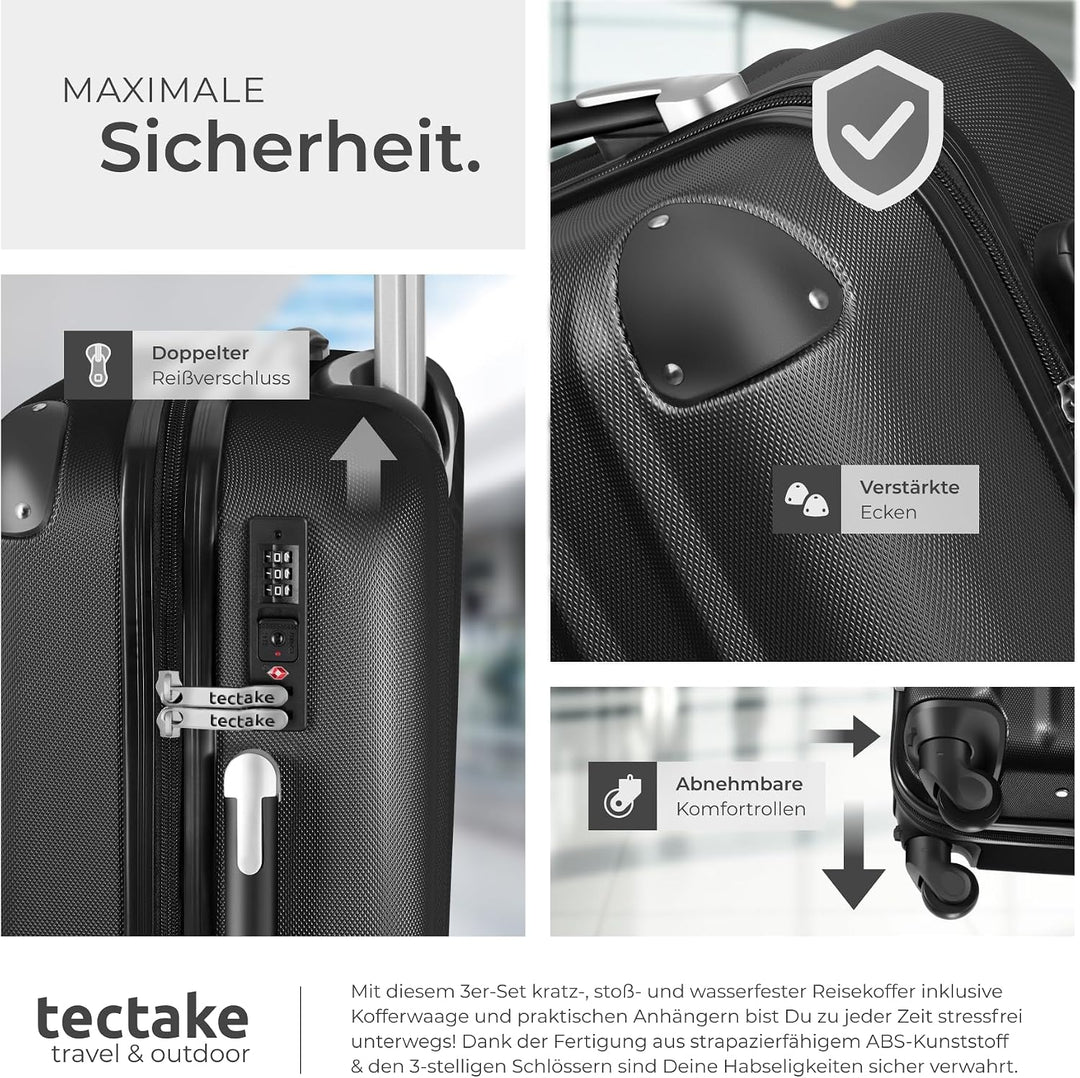 tectake® 3er Kofferset mit Kofferwaage & Kofferanhänger, Reisekoffer Set, ABS Hartschalenkoffer Set,