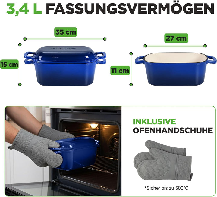 NutriChef Gusseisen Topf - Brotbacktopf - mit Deckel - 25,4 cm ovaler Brottopf mit Silikonhandschuhe