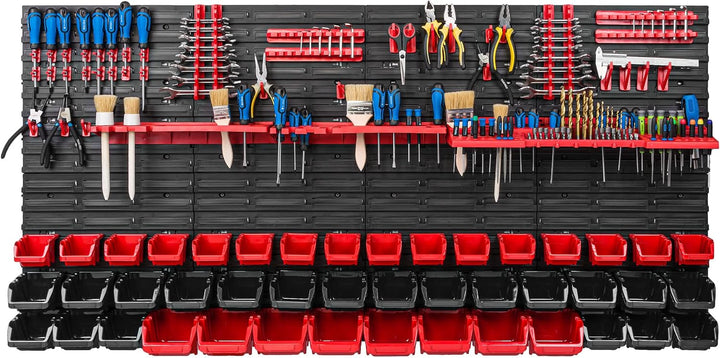 Lagersystem Werkstattregal | 156 x 78 cm | 44 stck. Box | Wandregal mit Werkzeughalterungen und Stap