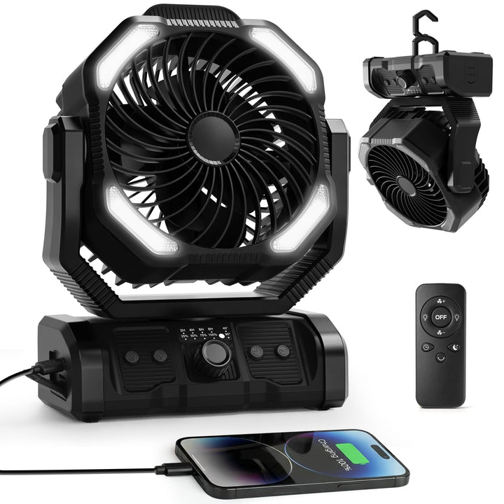 ELZO 20000mAh Camping Ventilator, Wiederaufladbarer Tischventilator USB Ventilator mit LED Licht & H