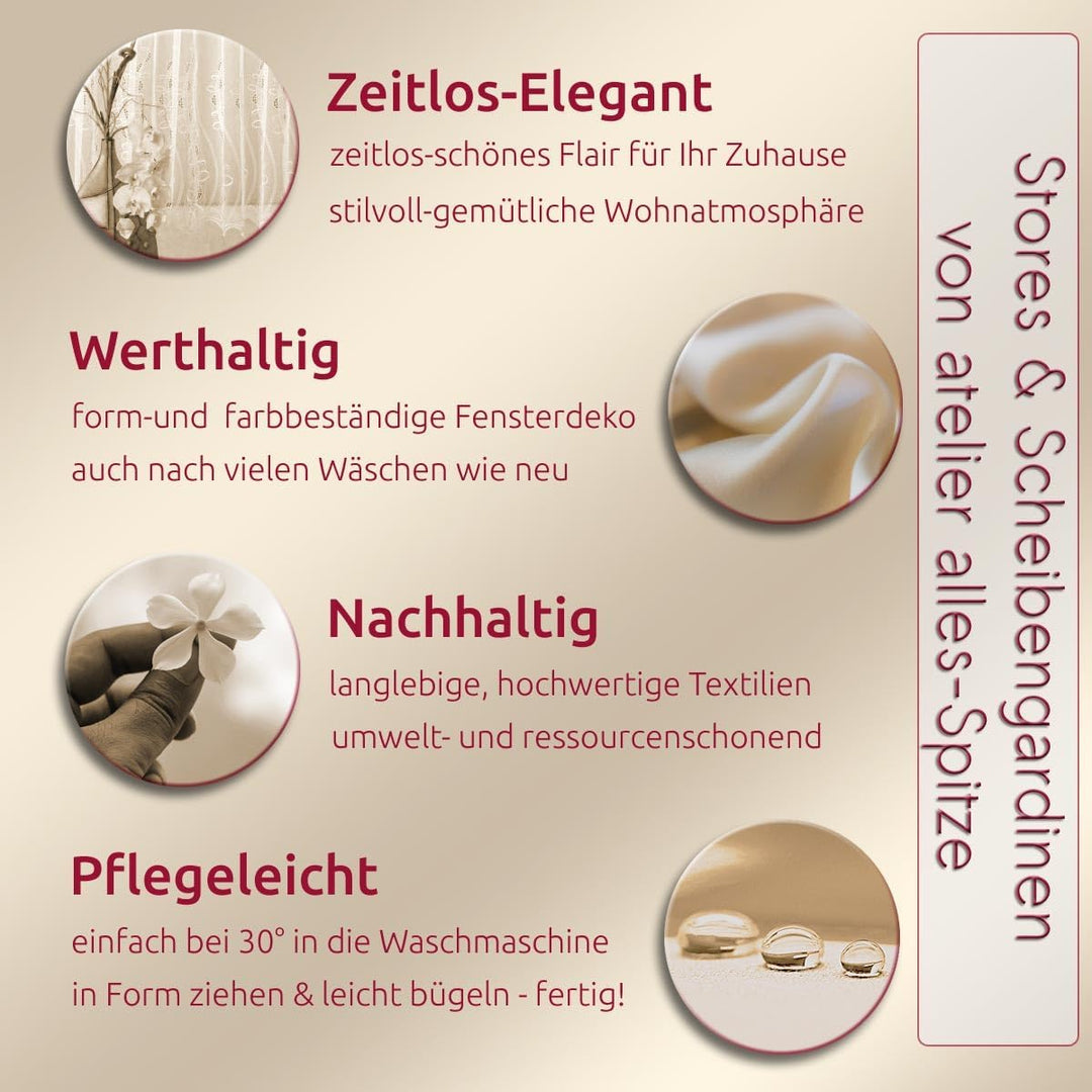 Moderne Scheibengardine Sancia mit Ranken-Stickerei aus Plauener Spitze weiss-gelb-dunkelgrau in 3 H