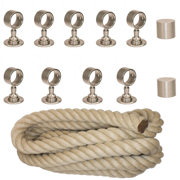 Handlaufseil Set 30mm - bestehend aus 2 Endkappen 9 Seilträger vernickelt und 9m "Nature Touch" Hand