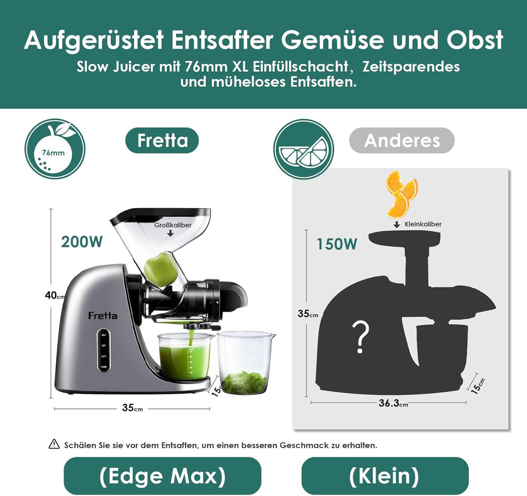 Fretta Kaltpresse Entsafter Gemüse und Obst, Slow Juicer Machine Silber, Silber
