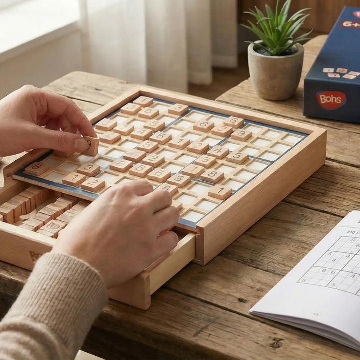 BOHS Sudoku-Brettspiel aus Holz mit Schublade – mit Buch mit 100 Sudoku-Rätseln für Erwachsene – Den