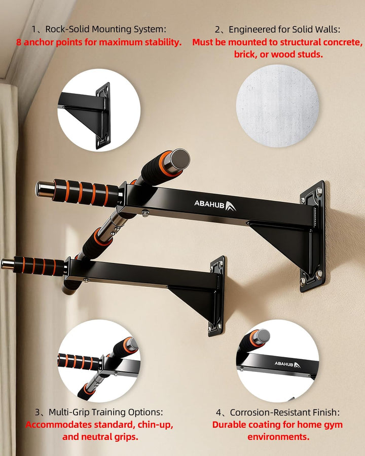 Abahub Klimmzugstange Wandmontage, Mehrfach Griff Chin-Up-Bar für Heimtraining, Bohrmontage, Wand Pu