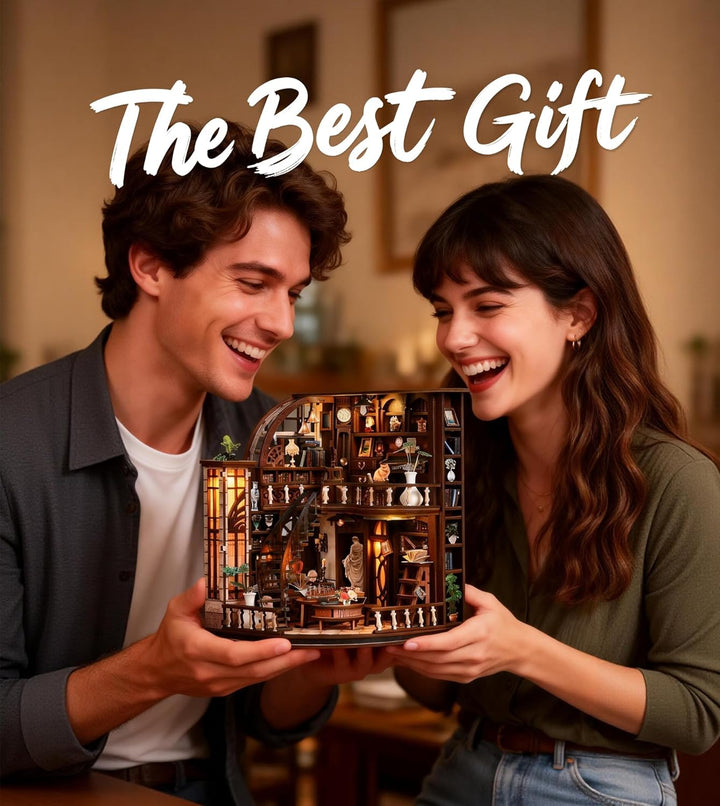 Spilay Miniatur Haus, Bacchus Bookstore 3D Holzpuzzle mit LED | DIY Miniature House Kit für Erwachse