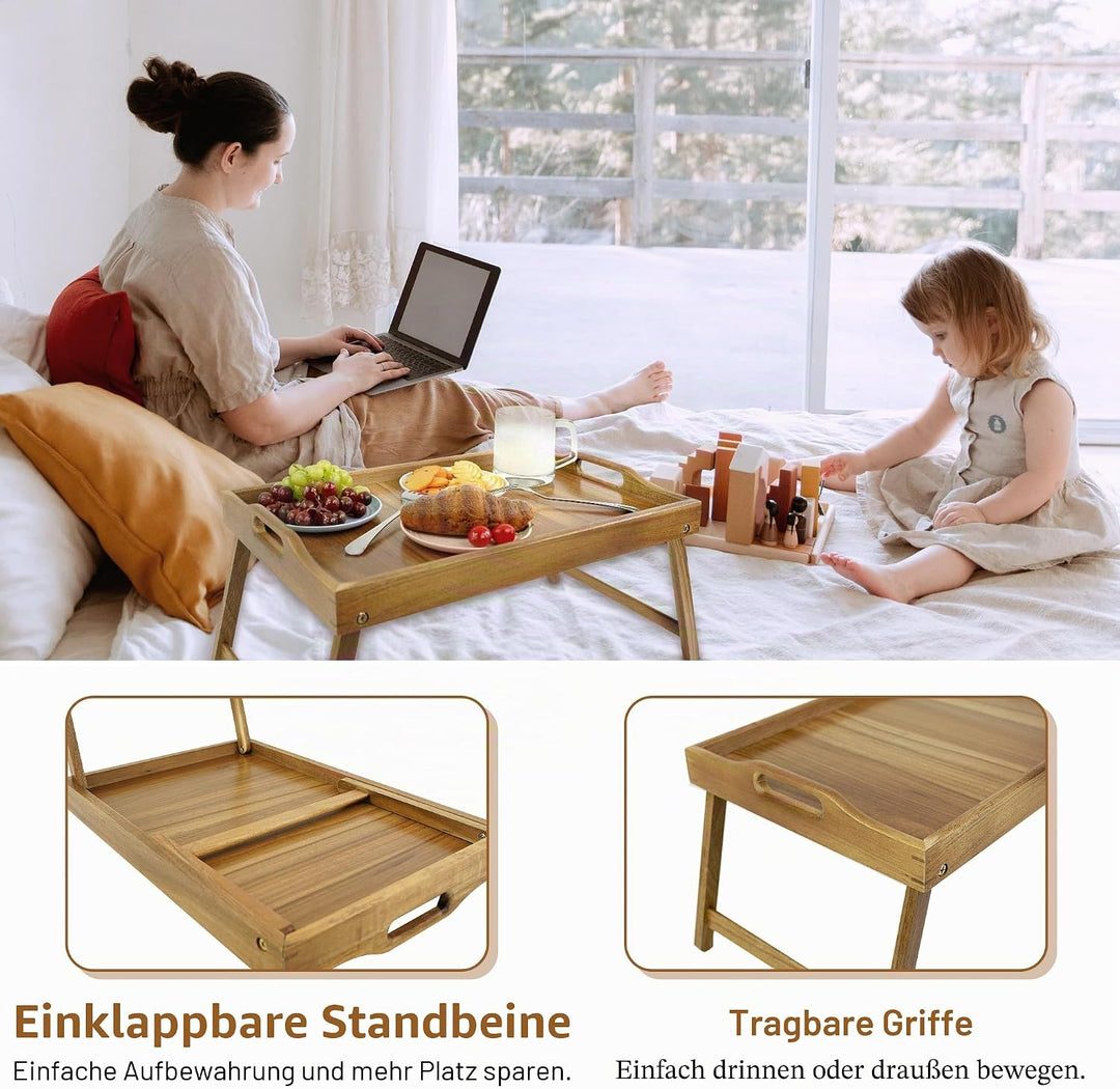 Utoplike Akazienholz Bett Tablett Tisch, grosses Frühstückstablett mit klappbaren Beinen, Serviertab