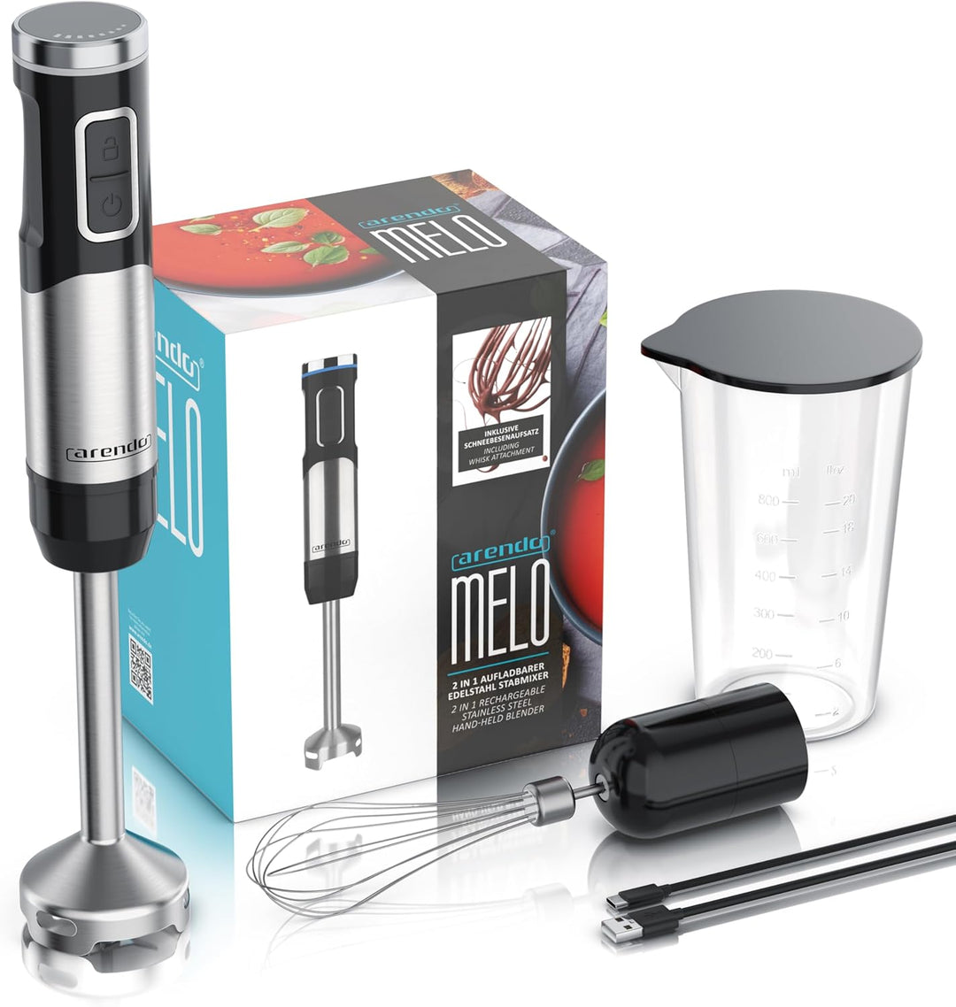 Arendo - Stabmixer kabellos - 200 Watt – mit Akku - Edelstahl Handmixer – Pürierstab – Schneebesen –