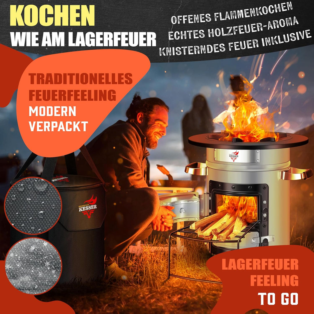 KESSER® Raketenofen Inkl. Grillpfanne aus Gusseisen mit Tragetasche, Dutch Oven BBQ Rakete Holzofen