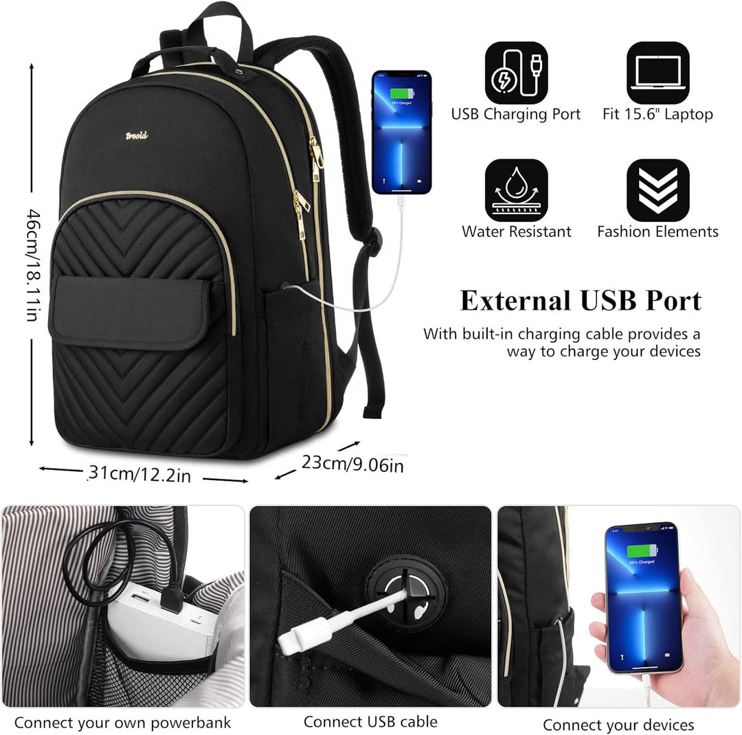Rucksack Laptop Damen Schwarz,Rucksack Damen Arbeit für Büro Freizeit Job mit USB für Uni Schule Fra