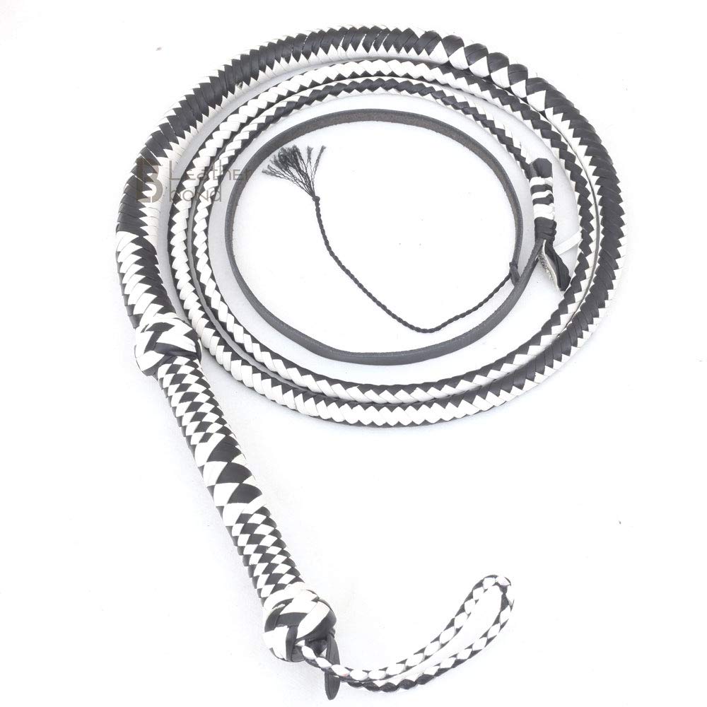 Echte & echte Rindsleder Leder Bullwhip 12 Zöpfe 10 Fuss Bullpeitsche schwarz & weiss