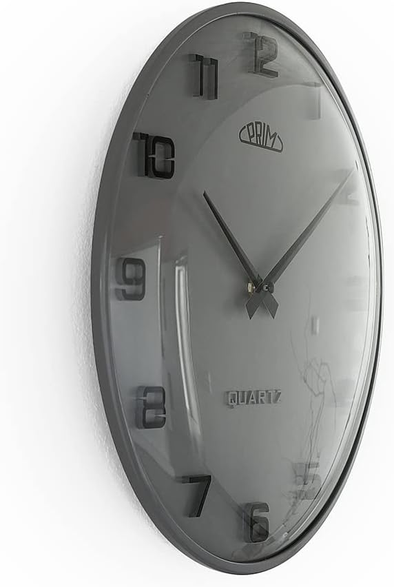 PRIM Design-Kunststoffuhr Bloom III – B, Moderne Wanduhr im Retro Style, Grafit, gewölbtes Glas, lux