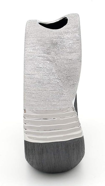 Dekohelden24 Edle Moderne Deko Designer Keramik Vase rund geschwungen mit Loch in Silber-grau, 19 cm