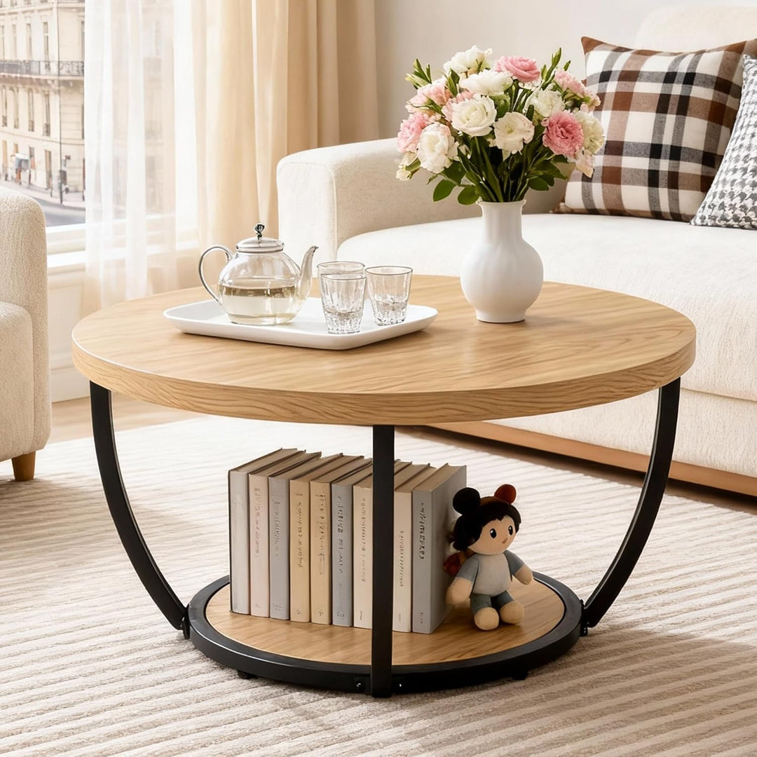 Mingone Couchtisch Rund, Industrial 2-Tier-Kreis Wohnzimmertisch mit Offenem Stauraum, Holz Coffee T