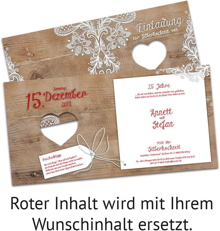 Kartenmachen.de 10 x Lasergeschnittene Hochzeitseinladungen silberne Hochzeit Silberhochzeit Einladu